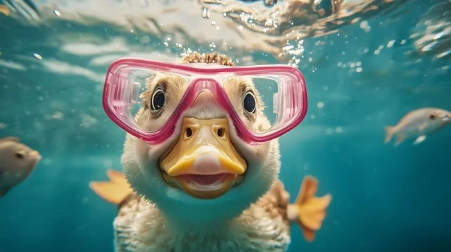 Ente mit Taucherbrille unter Wasser