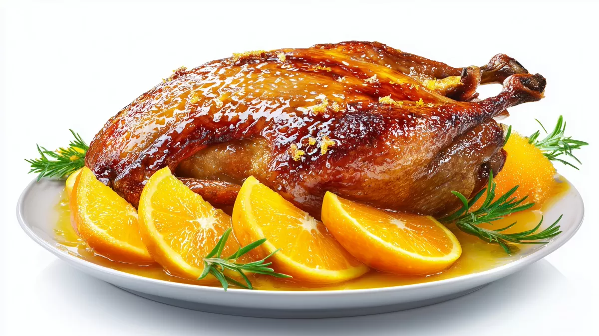 Entenbraten lOrange mit Orangenscheiben auf Teller