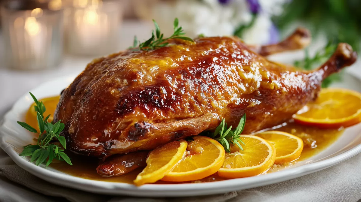 Entenbraten lOrange mit Orangenscheiben serviert
