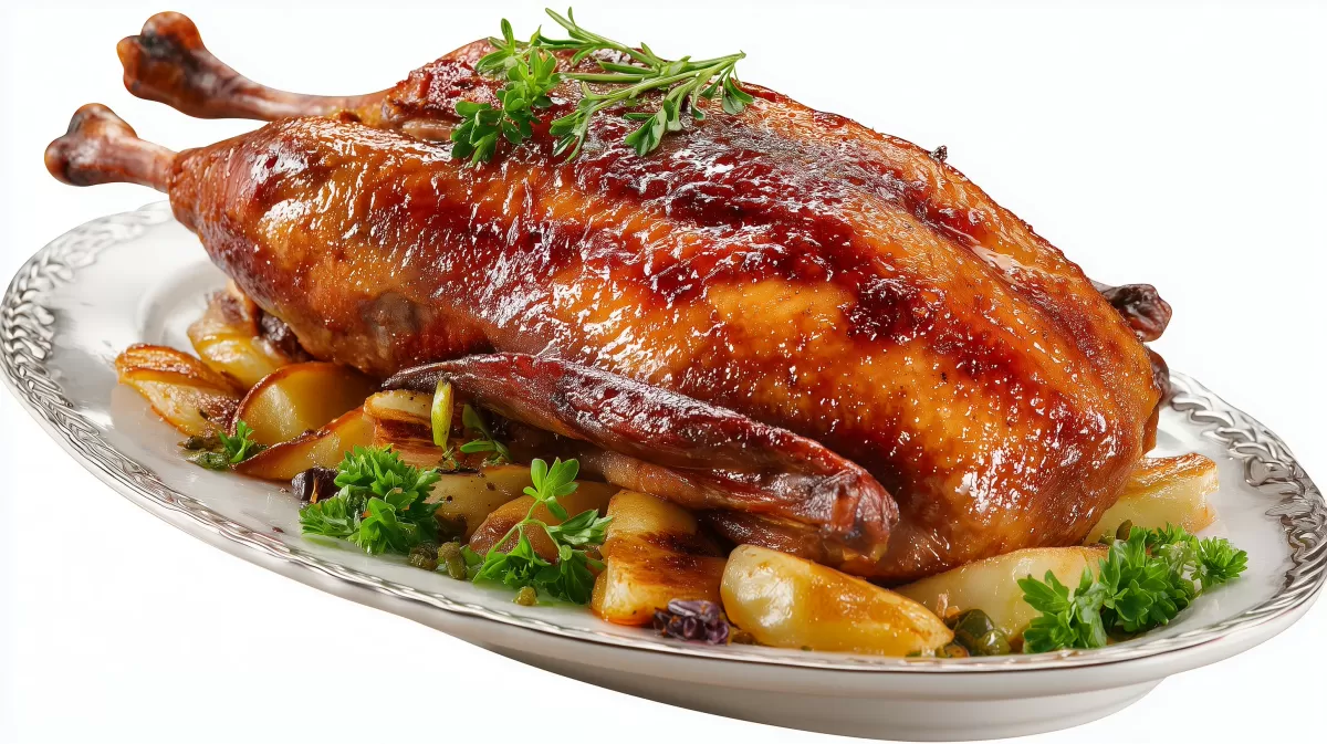 Entenbraten mit Gelinggarantie auf silberner Platte