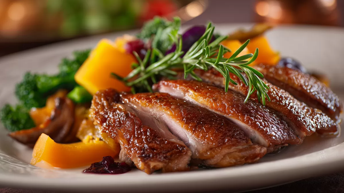 Entenbraten mit Gemüse und Rosmarin auf Teller