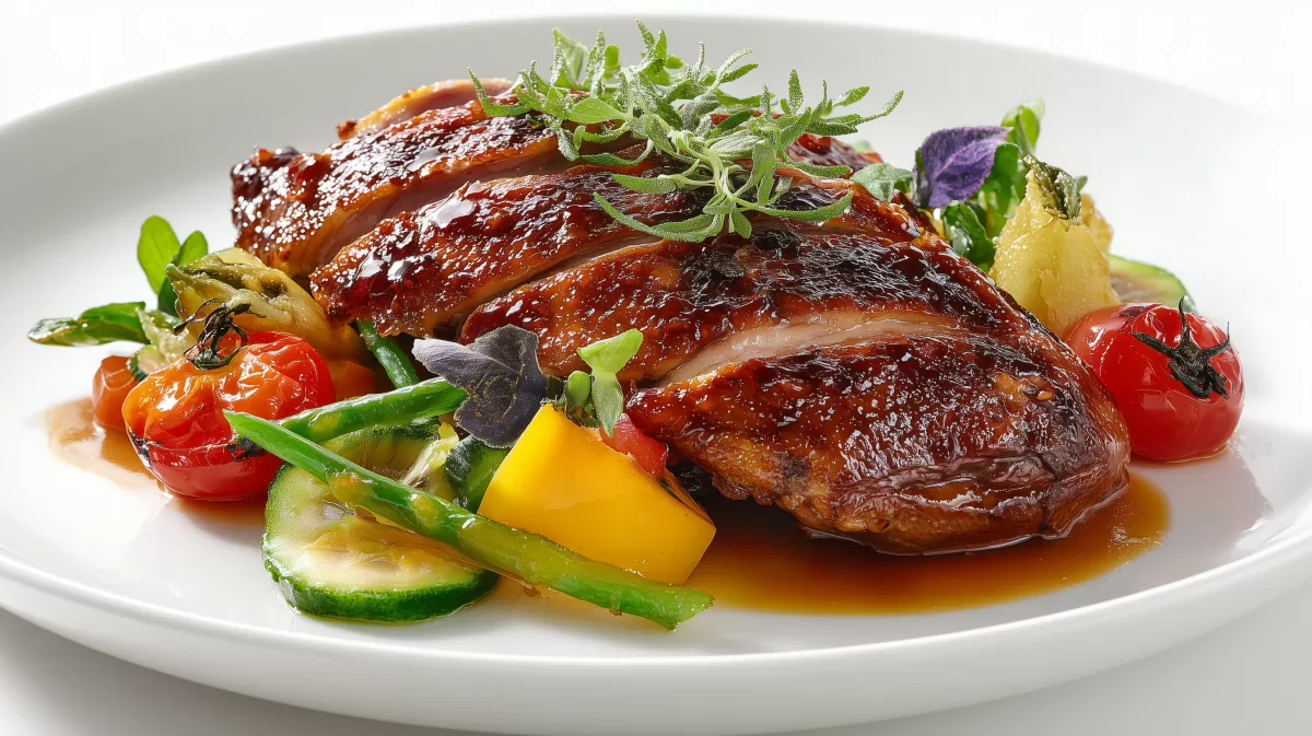 Entenbraten mit glasierter Kruste auf weißem Teller