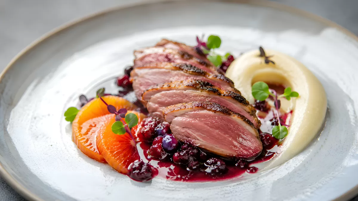 Entenbrust mit Beerensauce und Orangenscheiben