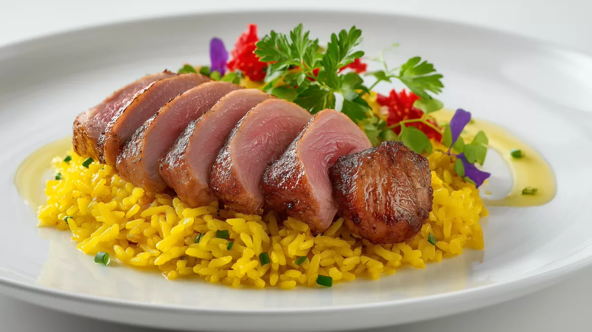 Entenbrust mit Curry Reis auf weißem Teller