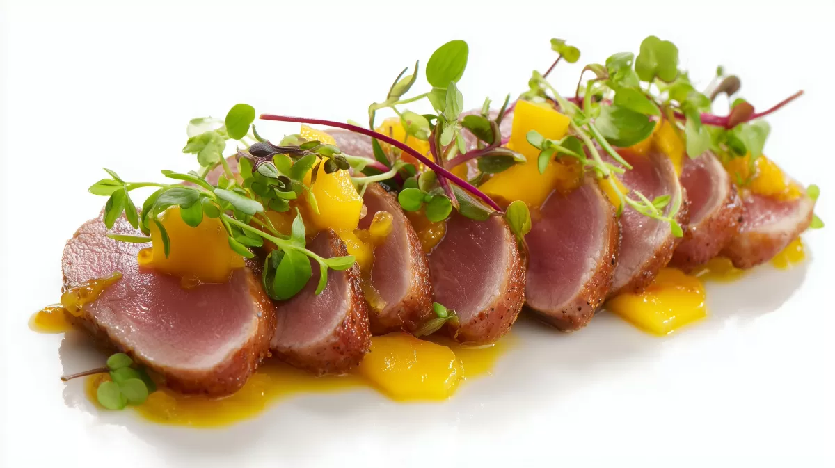 Entenbrust mit Mango Chutney auf weißem Teller