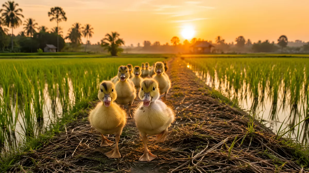 Entenküken laufen durch Reisfelder bei Sonnenuntergang