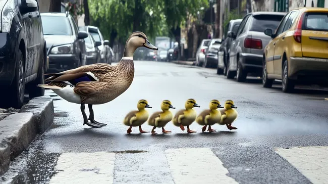 Entenküken überqueren Zebrastreifen in Stadtstraße