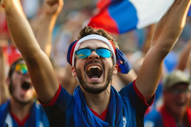 Enthusiastischer Fan bei Fußballspiel jubelt mit erhobenen Armen