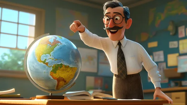 Enthusiastischer Geographielehrer zeigt auf Globus