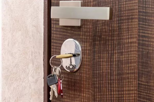 Entrance door with silver handle and keys in the keyhole (Flip 2019)