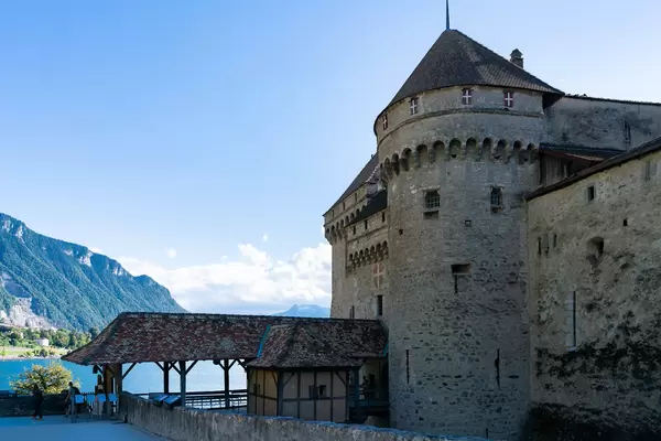 Entrance to the Château de Chillon with the view of lake Geneva