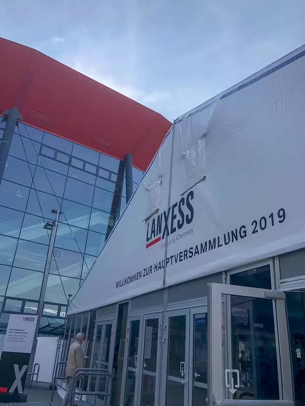 Entrance to the Lanxess shareholders' meeting 2019, at the Laxness-Arena in Cologne, Germany