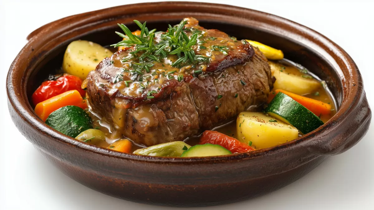 Entrecote Braten aus dem Römertopf mit Gemüse