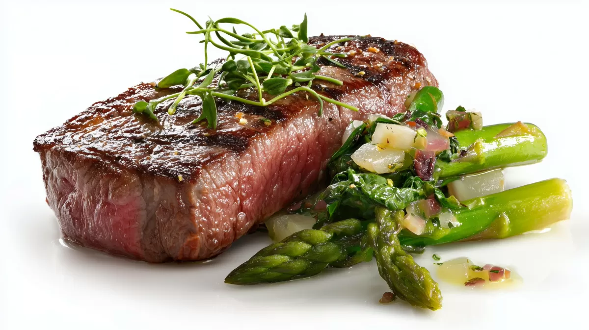 Entrecote mit Bärlauch Spargel Ragout auf Weiß