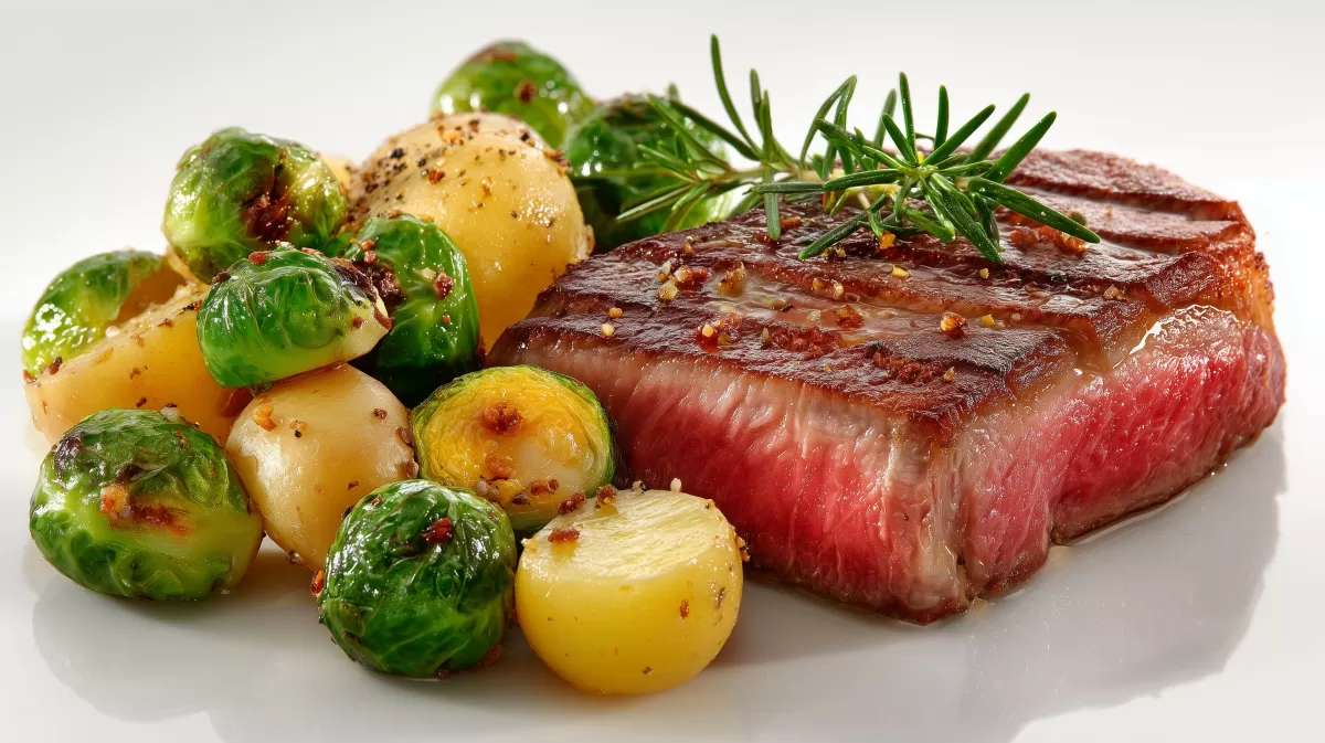 Entrecote mit Rosenkohl und Kartoffeln auf Teller