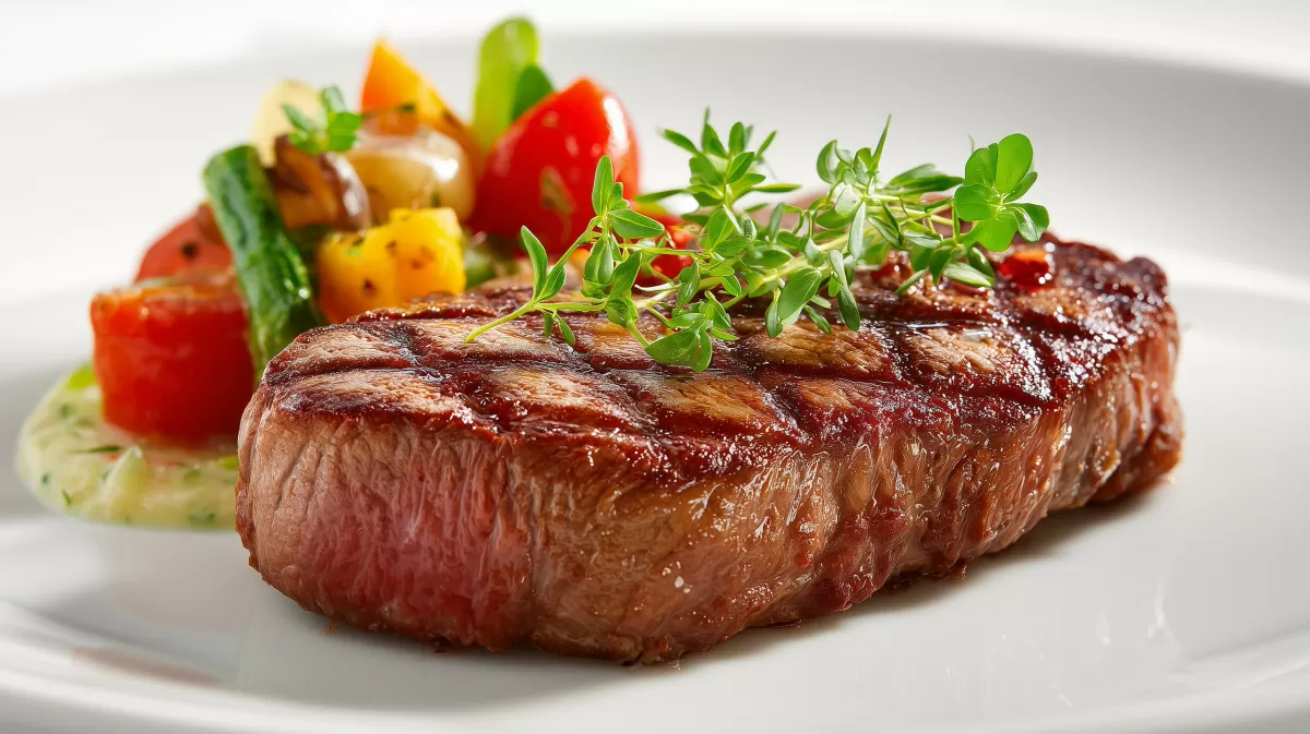 Entrecote Steak mit Kaiser Gemse auf weißem Teller