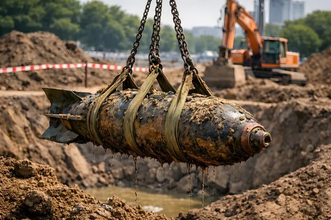 Entschärfung einer Fliegerbombe auf einer Baustelle