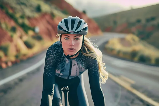 Entschlossene Rennradfahrerin in bergiger Landschaft