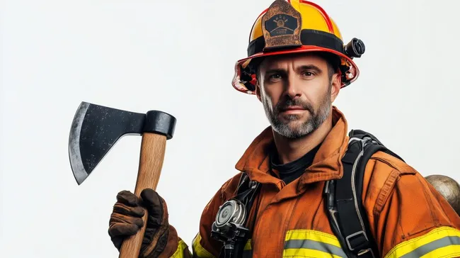 Entschlossener Feuerwehrmann mit Axt und Ausrüstung