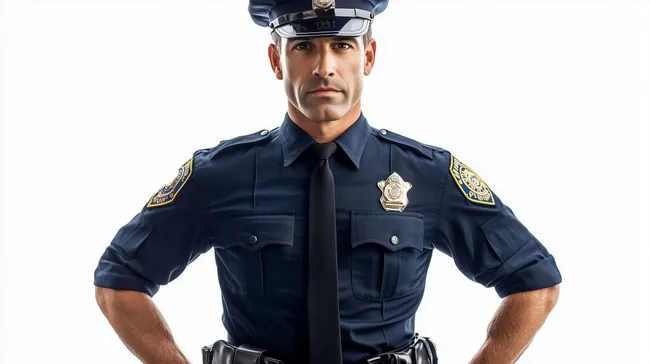 Entschlossener Polizist in Uniform mit strengem Blick