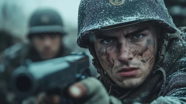 Entschlossener Soldat mit Waffe im verschneiten Kampf