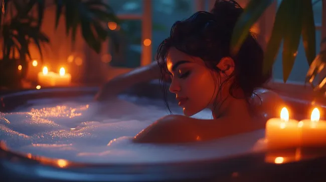 Entspannende Auszeit im warmen Schaumbad mit Kerzenbeleuchtung