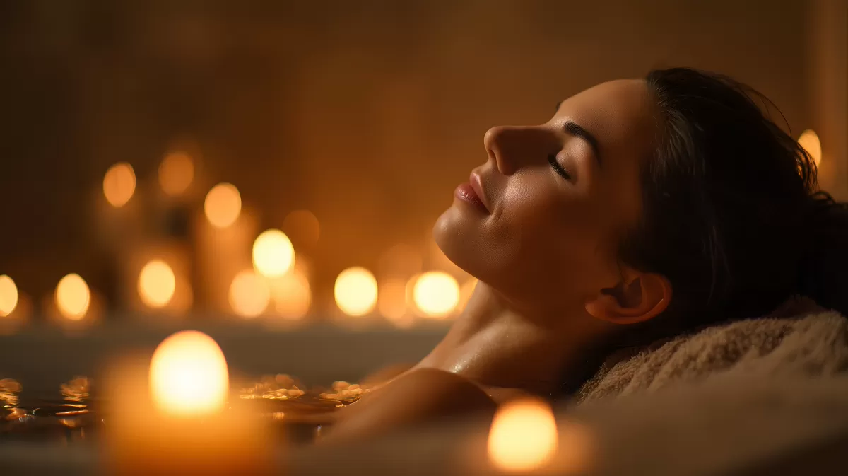 Entspannende Badeszenerie mit Kerzenlicht und Rosenblättern
