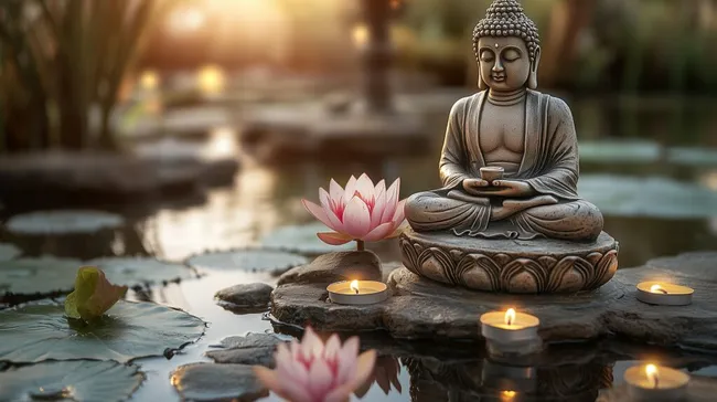 Entspannende Buddha-Statue am Teich bei Kerzenschein