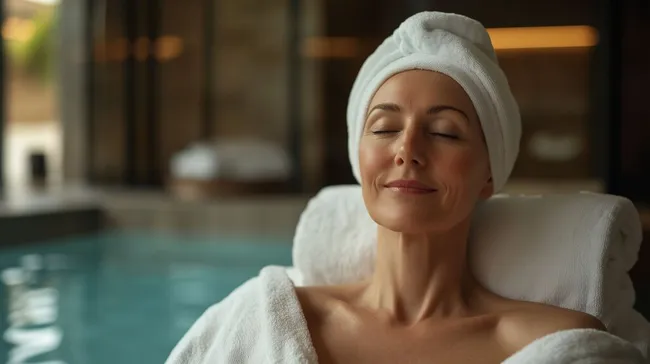 Entspannende Frau im Bademantel im Spa-Bereich
