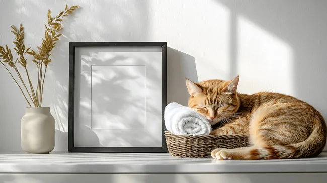 Entspannende Katze in Ruheoase mit Bilderrahmen