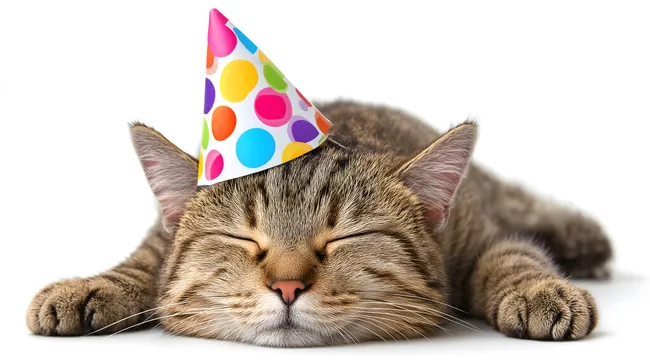 Entspannende Katze mit buntem Partyhut in Nahaufnahme