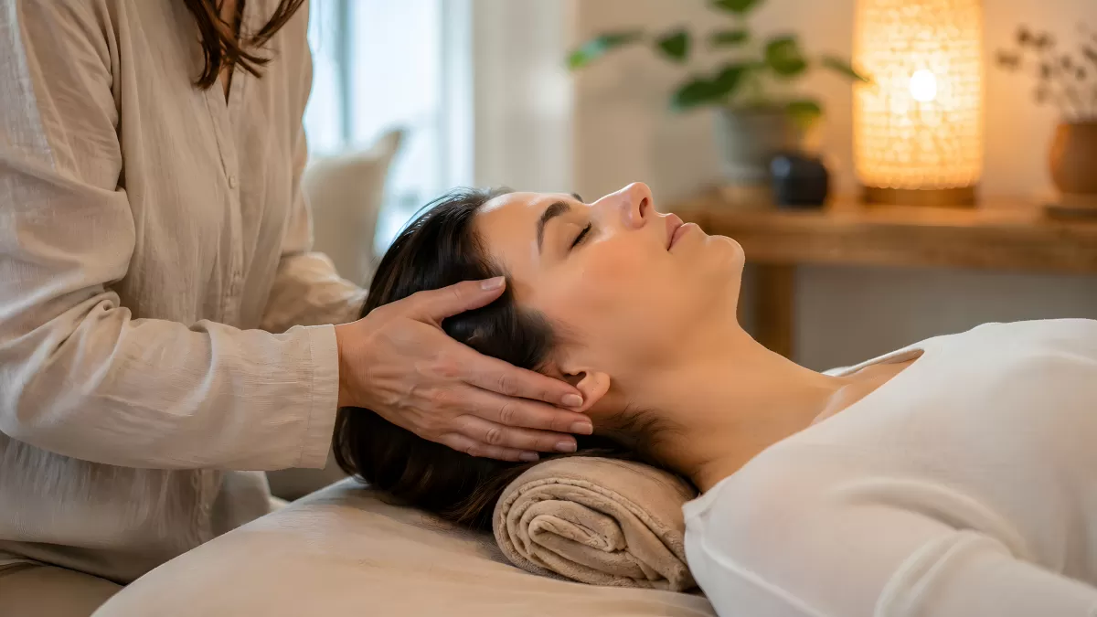 Entspannende Kopfmassage in ruhiger Spa-Atmosphäre