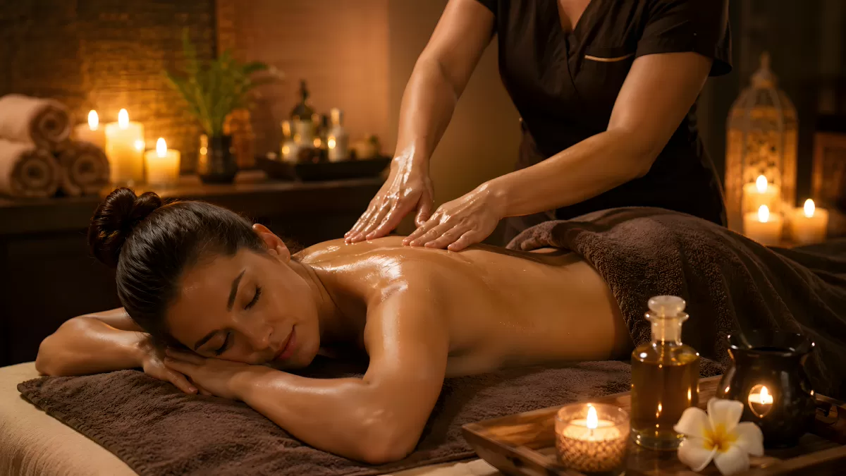 Entspannende Rückenmassage bei Kerzenlicht im Spa