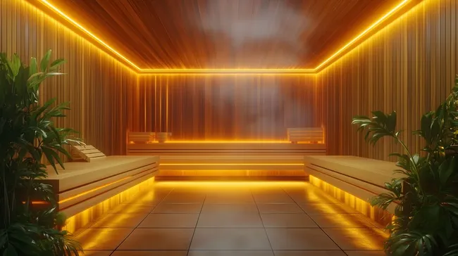 Entspannende Sauna mit warmem Holzinterieur und Lichtakzenten