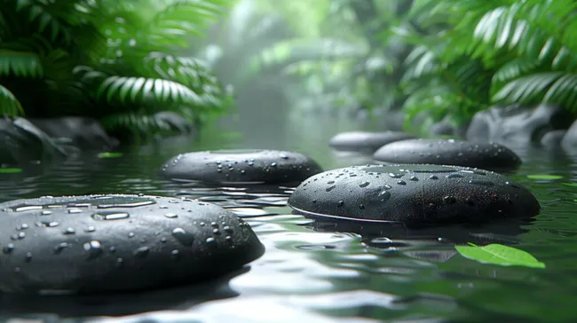 Entspannende Zen-Steine im tropischen Fluss