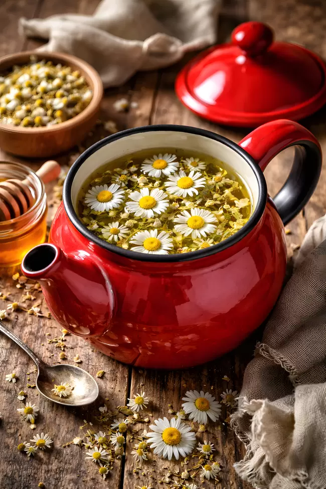 Entspannender Kamillen-Tee in roter Kanne