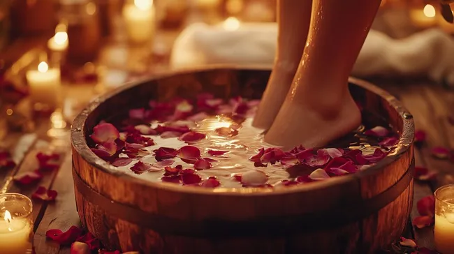 Entspannendes Fußbad in Holzschale mit Rosenblüten
