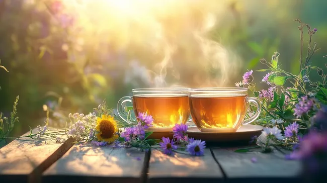 Entspannendes Kräutertee-Arrangement mit Blumen