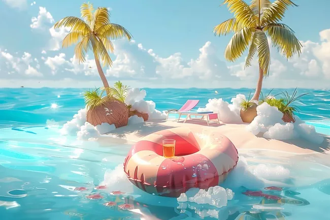 Entspannendes Tropenparadies mit Schwimmreifen und Cocktail