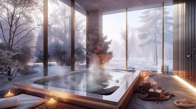Entspannendes Winterpanorama mit Jacuzzi und Kerzenlicht