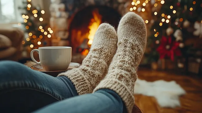 Entspannendes Winterwohlfühl-Foto mit Kamin und Tasse