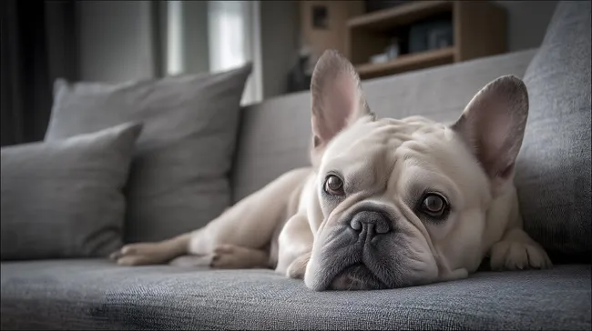 Entspannte französische Bulldogge auf grauem Sofa