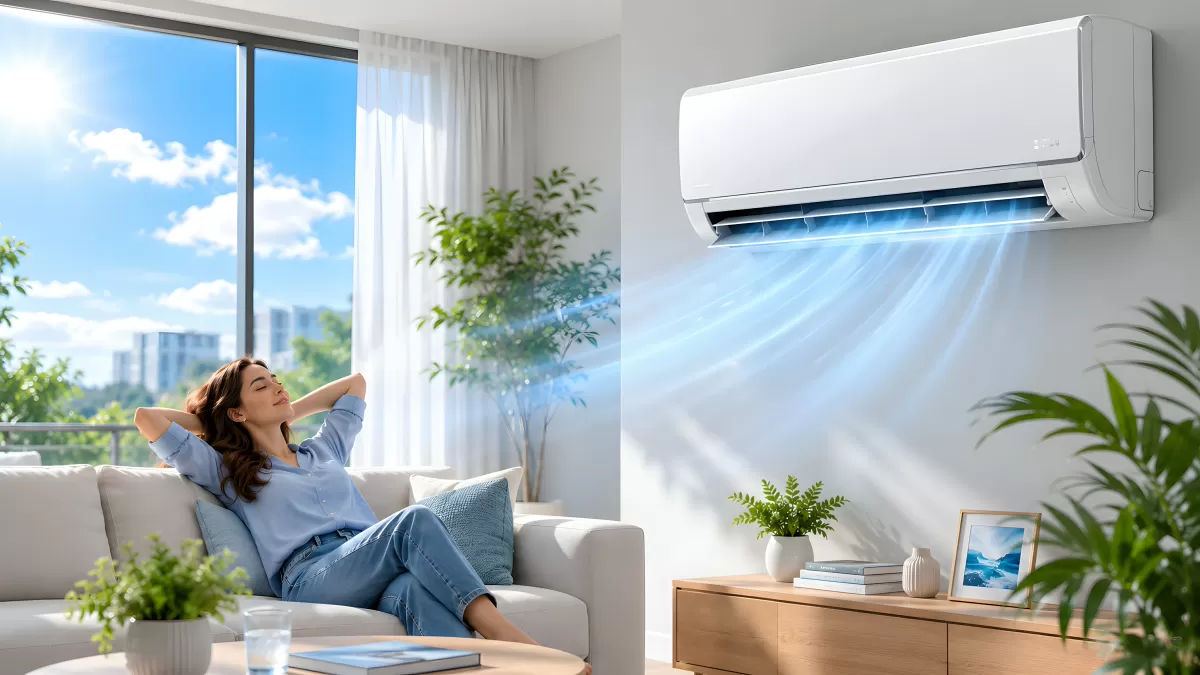 Entspannte Frau auf Sofa unter Klimaanlage