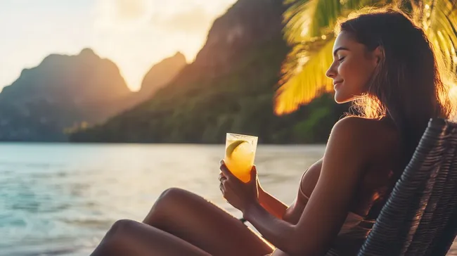 Entspannte Frau genießt den Sonnenuntergang am tropischen Strand
