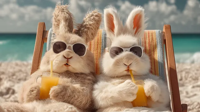 Entspannte Hasen am Strand trinken frischen Orangensaft