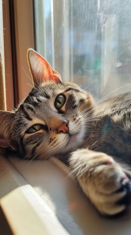 Entspannte Katze auf Fensterbank im Sonnenlicht