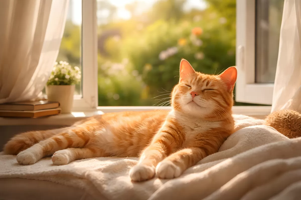 Entspannte Katze döst in der Sonne am Fenster