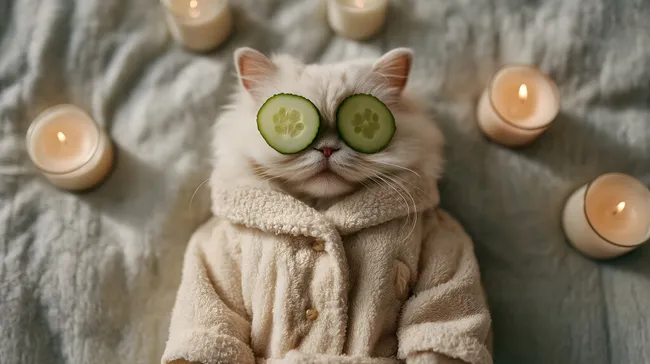 Entspannte Katze im Bademantel mit Gurkenmask