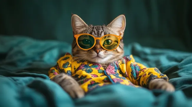 Entspannte Katze in buntem Hemd und Sonnenbrille