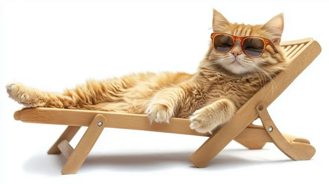 Entspannte Katze in Sonnenbrille auf Liegestuhl